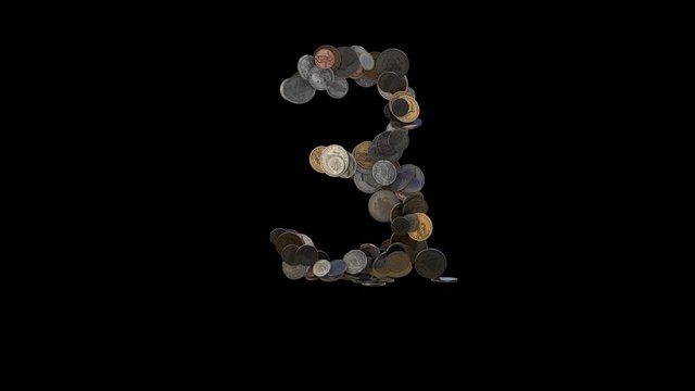 The digit "3" made out of US currency coins (dimes, nickels, pennies, quarters, half and one dollar coins). cca 4 seconds intro, 3 seconds idle, 3 seconds out. fullHD@60fps