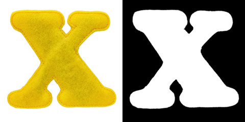 Letter X of the alphabet made of felt isolated on white with alpha mask. Cyrillic (Russian) alphabet. Font for children with educational pictures