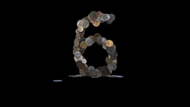 The digit "6" made out of US currency coins (dimes, nickels, pennies, quarters, half and one dollar coins). cca 4 seconds intro, 3 seconds idle, 3 seconds out. fullHD@60fps
