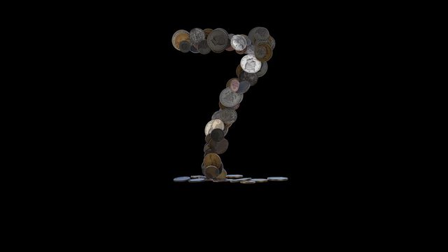 The digit "7" made out of US currency coins (dimes, nickels, pennies, quarters, half and one dollar coins). cca 4 seconds intro, 3 seconds idle, 3 seconds out. fullHD@60fps
