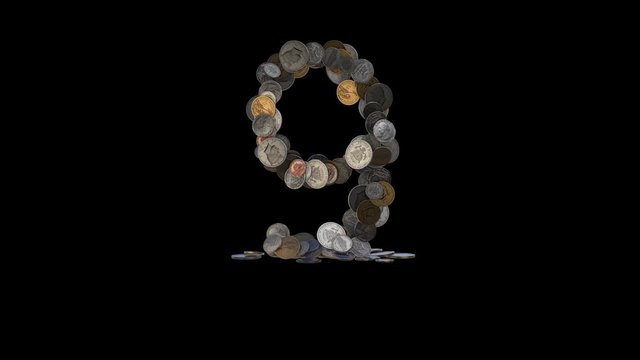 The digit "9" made out of US currency coins (dimes, nickels, pennies, quarters, half and one dollar coins). cca 4 seconds intro, 3 seconds idle, 3 seconds out. fullHD@60fps