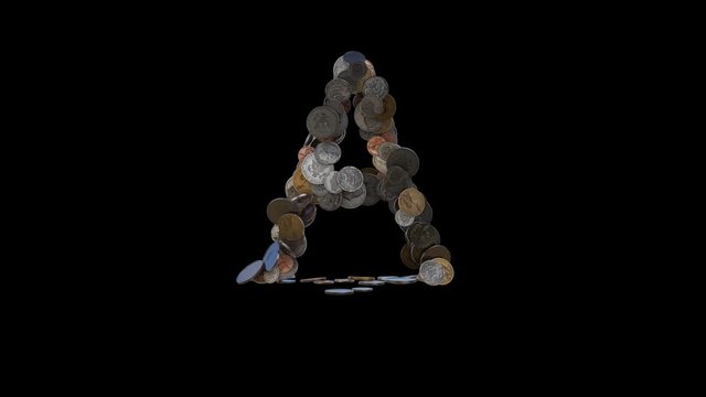 The letter "A" made out of US currency coins (dimes, nickels, pennies, quarters, half and one dollar coins). cca 4 seconds intro, 3 seconds idle, 3 seconds out. fullHD@60fps