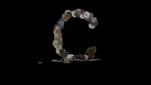 The letter "C" made out of US currency coins (dimes, nickels, pennies, quarters, half and one dollar coins). cca 4 seconds intro, 3 seconds idle, 3 seconds out. fullHD@60fps