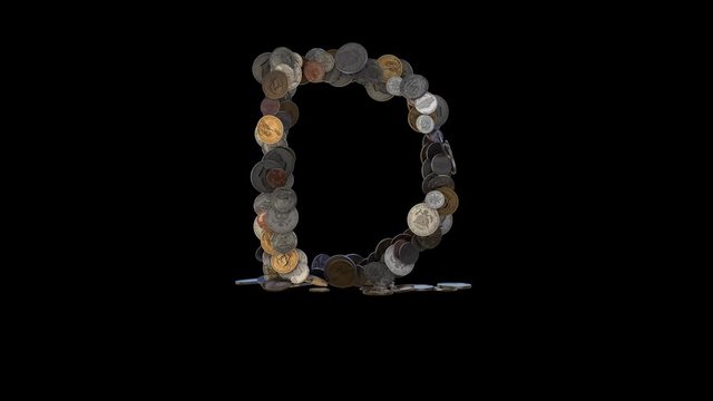 The letter "D" made out of US currency coins (dimes, nickels, pennies, quarters, half and one dollar coins). cca 4 seconds intro, 3 seconds idle, 3 seconds out. fullHD@60fps