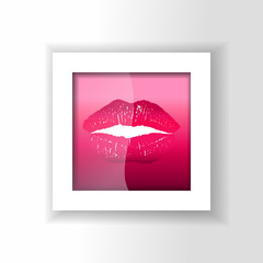 Painting in white frame Lips on a red background with a glow