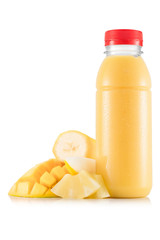 Yellow multifruit smoothie in plastic bottle - obrazy, fototapety, plakaty