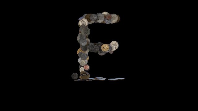 The letter "F" made out of US currency coins (dimes, nickels, pennies, quarters, half and one dollar coins). cca 4 seconds intro, 3 seconds idle, 3 seconds out. fullHD@60fps