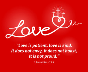 Christian Love scripture with heart and cross on red background
