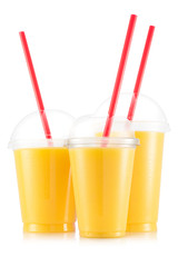 Mango and banana smoothie in three size of plastic cup