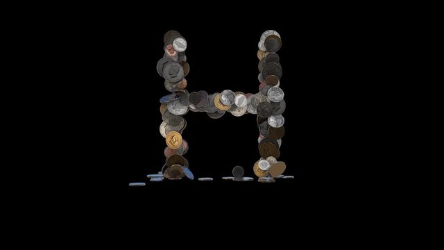 The letter "H" made out of US currency coins (dimes, nickels, pennies, quarters, half and one dollar coins). cca 4 seconds intro, 3 seconds idle, 3 seconds out. fullHD@60fps