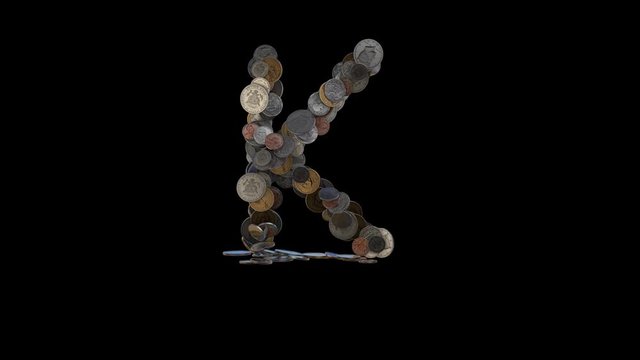 The letter "K" made out of US currency coins (dimes, nickels, pennies, quarters, half and one dollar coins). cca 4 seconds intro, 3 seconds idle, 3 seconds out. fullHD@60fps