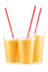 Mango pineaple smoothie in three size of plastic cup