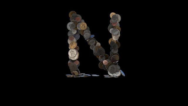 The letter "N" made out of US currency coins (dimes, nickels, pennies, quarters, half and one dollar coins). cca 4 seconds intro, 3 seconds idle, 3 seconds out. fullHD@60fps