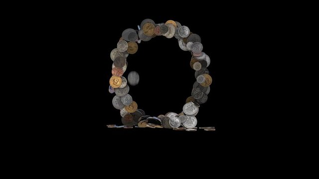 The letter "O" made out of US currency coins (dimes, nickels, pennies, quarters, half and one dollar coins). cca 4 seconds intro, 3 seconds idle, 3 seconds out. fullHD@60fps