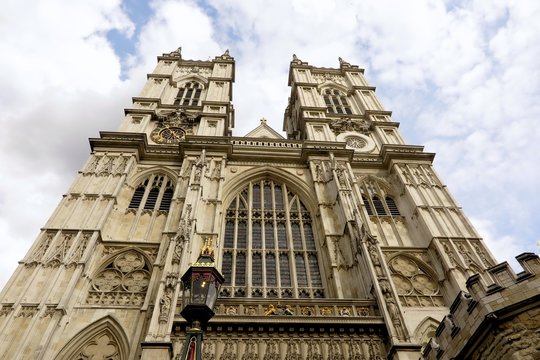 Westminster Abbey, London, looking upwards at western facade