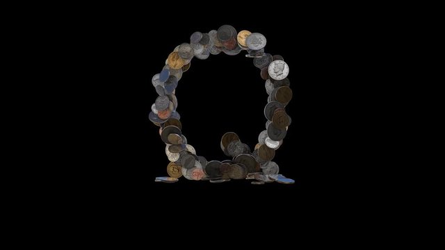 The letter "Q" made out of US currency coins (dimes, nickels, pennies, quarters, half and one dollar coins). cca 4 seconds intro, 3 seconds idle, 3 seconds out. fullHD@60fps