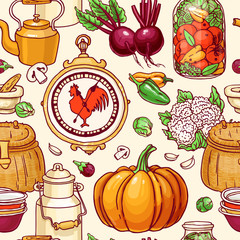 Vector seamless pattern with hand drawn rustic vegetables, canned, dishes. Sketchy country background in retro style