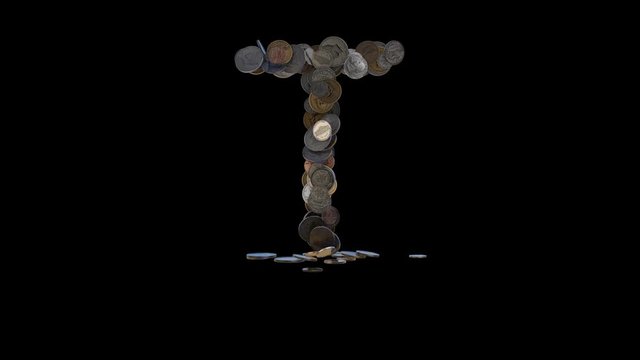 The letter "T" made out of US currency coins (dimes, nickels, pennies, quarters, half and one dollar coins). cca 4 seconds intro, 3 seconds idle, 3 seconds out. fullHD@60fps