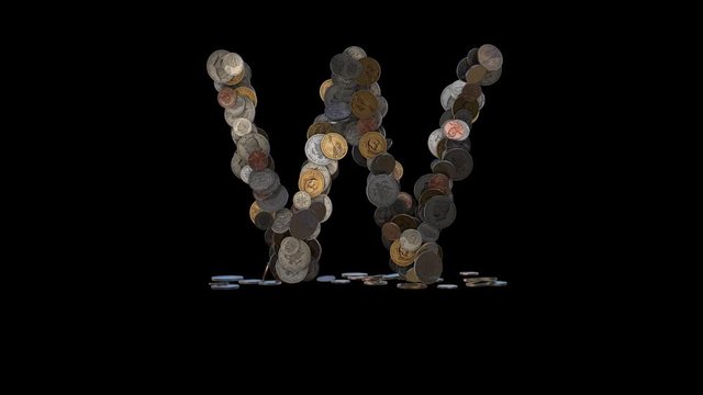 The letter "W" made out of US currency coins (dimes, nickels, pennies, quarters, half and one dollar coins). cca 4 seconds intro, 3 seconds idle, 3 seconds out. fullHD@60fps
