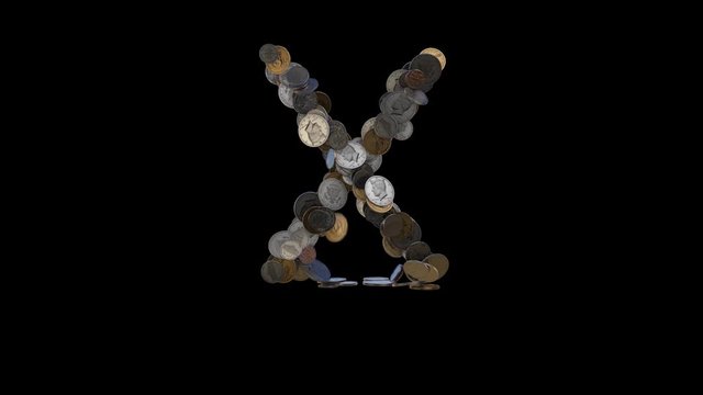 The letter "X" made out of US currency coins (dimes, nickels, pennies, quarters, half and one dollar coins). cca 4 seconds intro, 3 seconds idle, 3 seconds out. fullHD@60fps