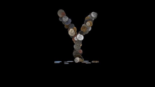 The letter "Y" made out of US currency coins (dimes, nickels, pennies, quarters, half and one dollar coins). cca 4 seconds intro, 3 seconds idle, 3 seconds out. fullHD@60fps