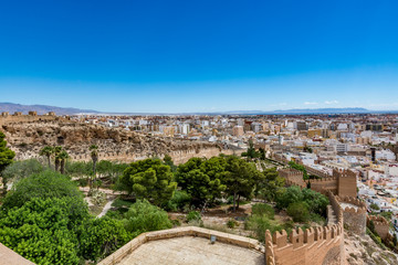Fototapeta na wymiar Panoramic cityscape of Almeria with the walls of Alcazaba (Castle), Spain