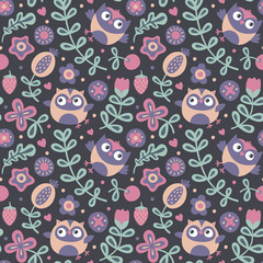 Seamless cute floral pattern with owls, flowers, plants, leaf, berry, heart