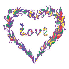 Vector illustration of heart. Hand drawn love doodle. Colorful element isolated on white background. Hippie style. Decorative Greeting Card Invitation Poster Design or for other uses. 
