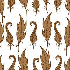 Repeating floral and feather pattern. Seamless texture with brown leaves on white background. Light backdrop with beige elements.Vector illustration. For textile, wrapping, wallpaper or cloth design. 