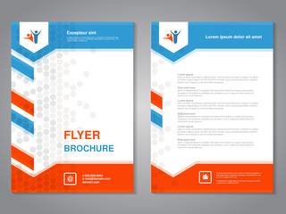 Fototapeta na wymiar Vector modern brochure, abstract flyer with simple dotted design. Layout template with arrows. Aspect Ratio for A4 size. Poster of blue, orange, grey and white color. Magazine cover.