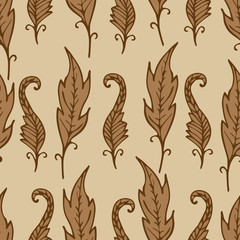 Repeating floral and feather pattern. Seamless texture with leaves. Beige and brown colors. Light background or backdrop. Vector illustration. For textile, wrapping, wallpaper or cloth design. 