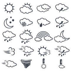 Vector set of various dark grey weather symbols, elements of forecast, line design - icon of sun, cloud, rain, moon, snow, wind, whirlwind, rainbow, storm, tornado, thermometer