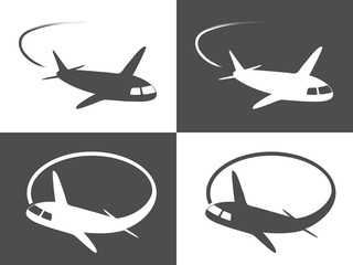 Vector airplane icons, dark grey and white passenger plane, monochrome symbols