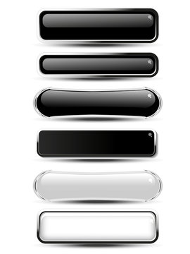 Vector black, white rectangle and oval buttons for website or app. Blank monochrome labels for text Buy now, Subscribe, Sign Up, Register, Download, Upload, Search, Next, Previous, Learn More etc.