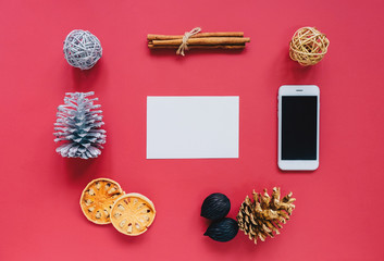 Creative flat lay of christmas ornaments in minimal style with b
