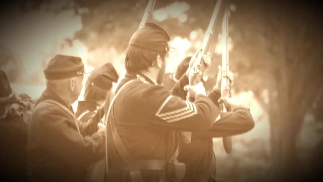 Civil War soldiers fire bullets at confederates (Archive Footage Version)