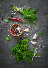 Fototapeta na wymiar Herbs and spices at dark table.