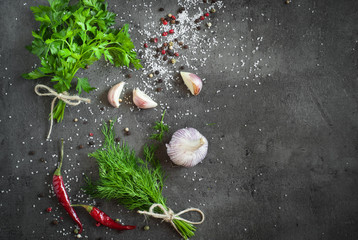 Herbs and spices at dark table.