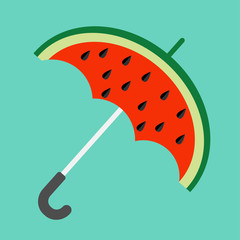 Big watermelon slice cut with seed. Umbrella shape. Flat design icon Summer autumn fall time. Blue sky background. Isolated.