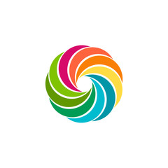 Isolated abstract colorful circular sun logo. Round shape rainbow logotype. Swirl, tornado and hurricane icon. Spining hypnotic spiral sign. Photo lens symbol. Vector  illustration.