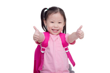 Little asian girl with backpack showing thumbs up and smiles
