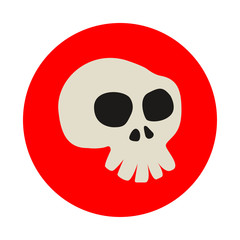 Icono plano caricatura de calavera gris en circulo color rojo