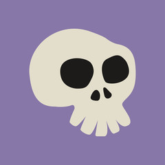 Icono plano caricatura de calavera gris sobre fondo violeta