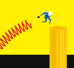 Bounce to height / A business man holds a bulb and bounces to height.