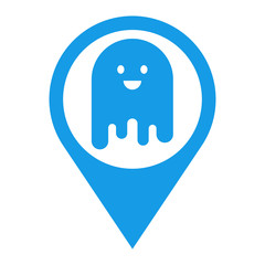 Icono plano localizacion fantasma sonriendo azul