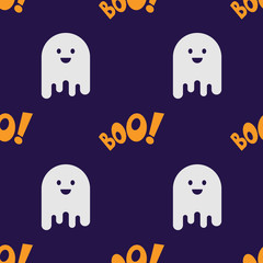 Icono plano patron con BOO y fantasma sonriendo sobre fondo azul oscuro