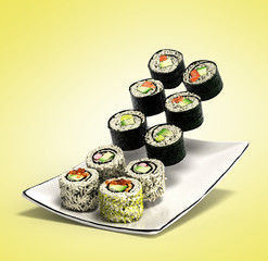 sushi rolls served on a plate 3d render in gradient