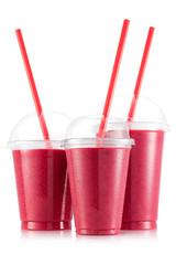 Raspberry and apple smoothie in three size of plastic cup