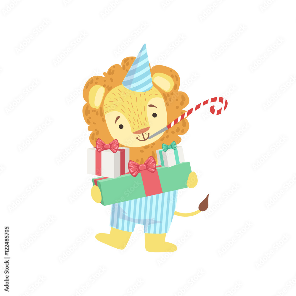 Sticker Lion Cute Animal Character Attending Birthday Party