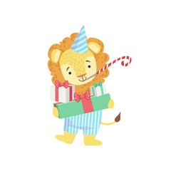Lion Cute Animal Character Attending Birthday Party